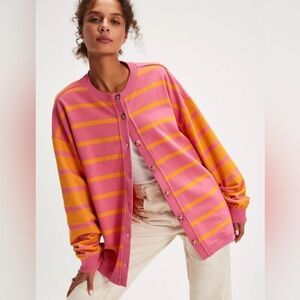 Free People Classic Striped Cardigan (Pink and Orange Combo)